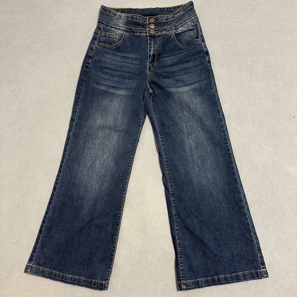 Roswear High Rise Wide Leg Jeans Dark Wash Triple Button Womens Size M W28 L28